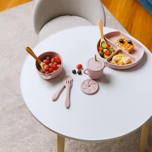 9pc BABY FEEDING SET - SILICON SUCTION BOWL, PLATE, BIB, CUP, SPOONs and FORKS.